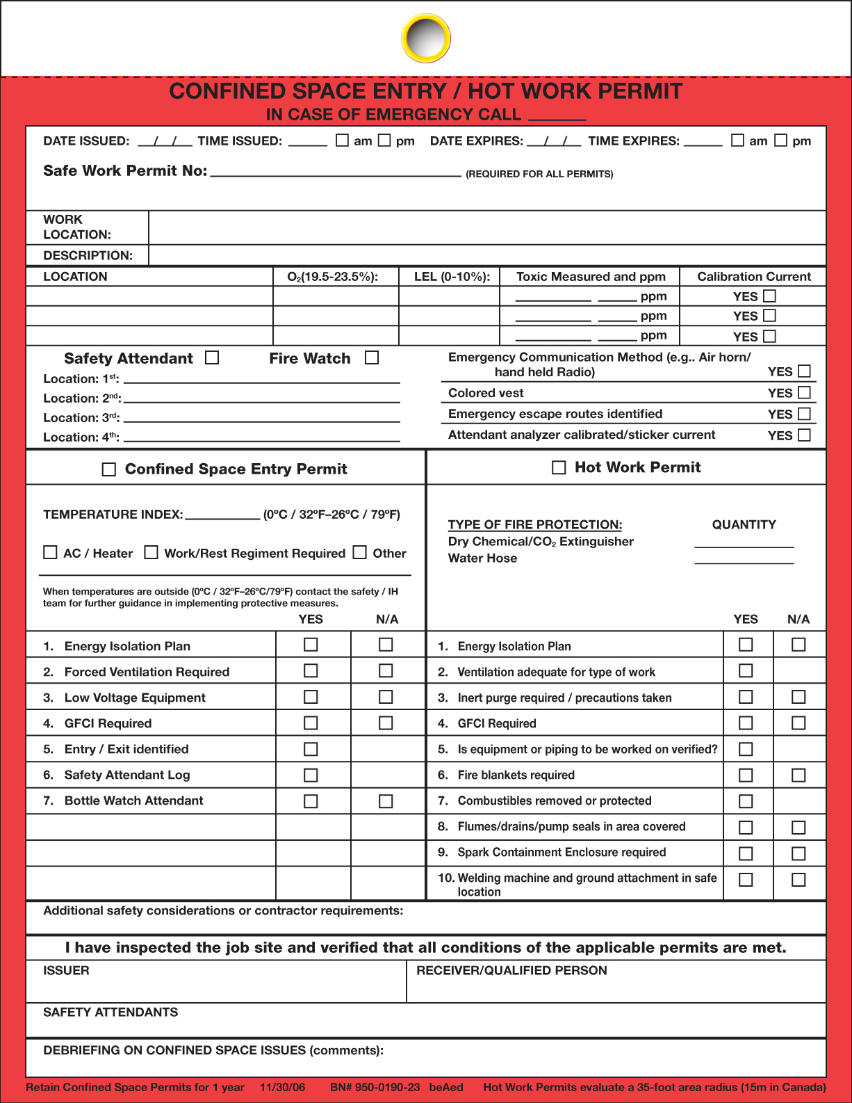 CONFINED SPACE ENTRY/ HOT WORK PERMIT FORM QIA Celanese Pasadena