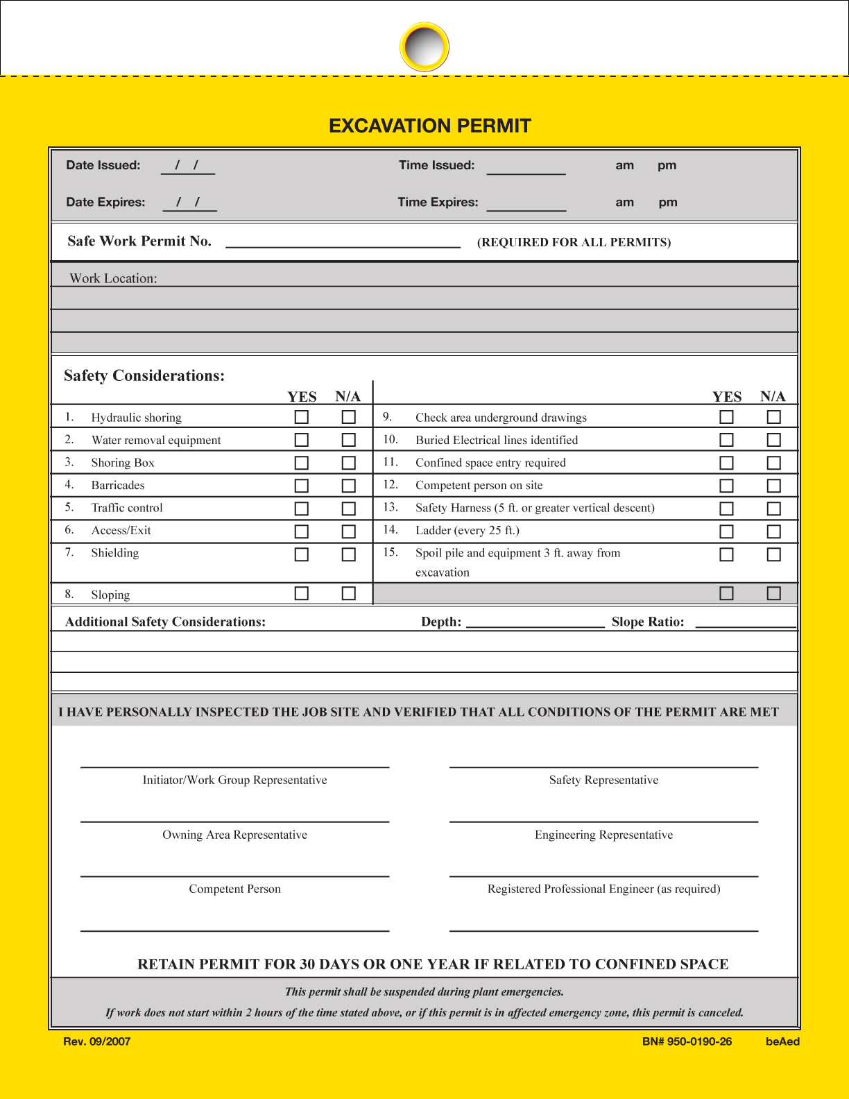 EXCAVATION PERMIT BEAED SAFETY 950-0190-26 – Celanese Pasadena